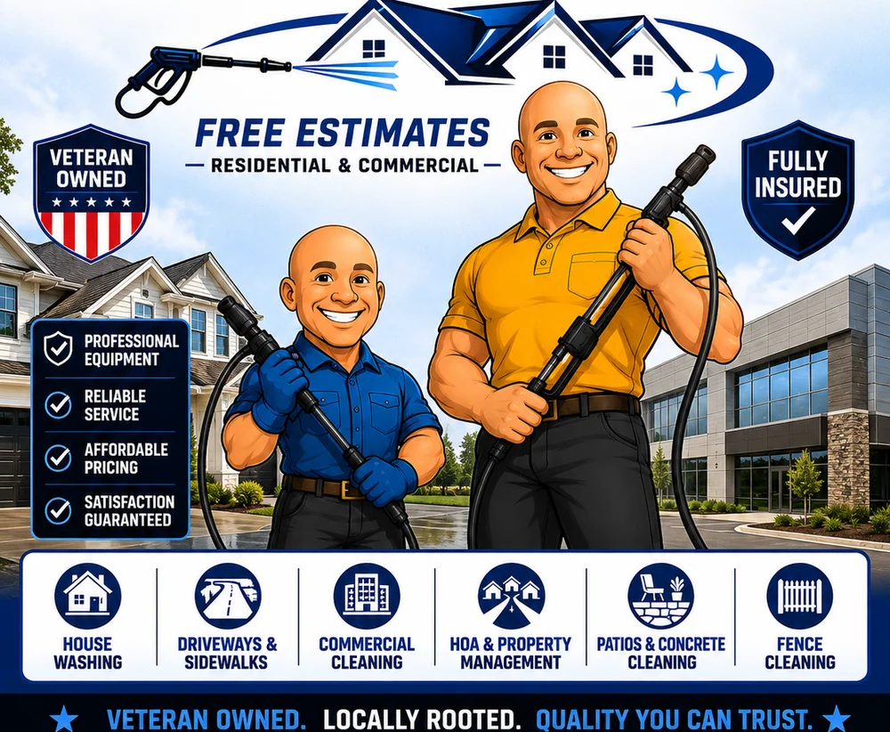 Bald Bros. Power Washing: Jon and Charles with free-estimates banner, service icons, and the tagline Veteran Owned. Locally Rooted. Quality You Can Trust.